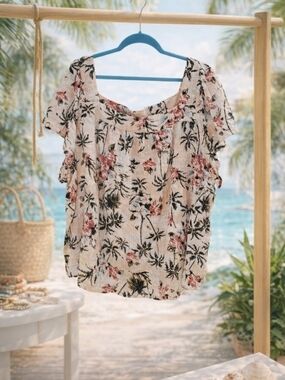 torrid Cream Off-Shoulder Tropical Floral Blouse with Pink Accents. NWT 5X